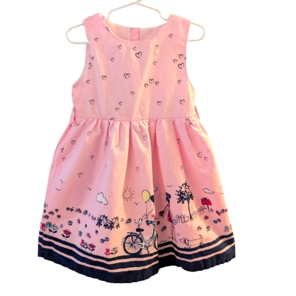 Pink Sleeveless Girls Dress with Heart and Bicycle Print Cotton Size 4T - Picture 1 of 6